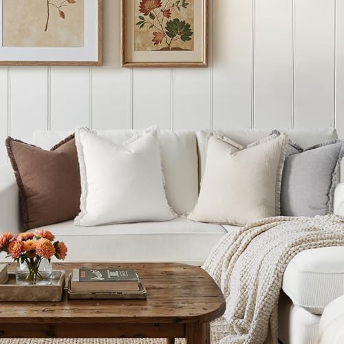 MIULEE Fall Linen Fringe Pillow Covers Set of 4 18x18 Beige/Brown/Grey - Image 4