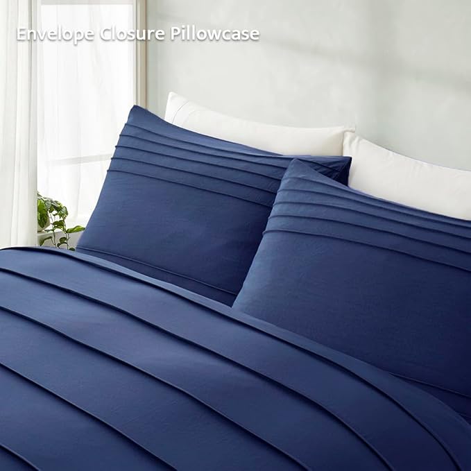 Oli Anderson Navy Blue Duvet Cover Queen Size - Pleated Queen Duvet Cover, 3PCS Soft and Breathable Textured Bedding Set with Zipper Closure(Navy Blue,90"x90")