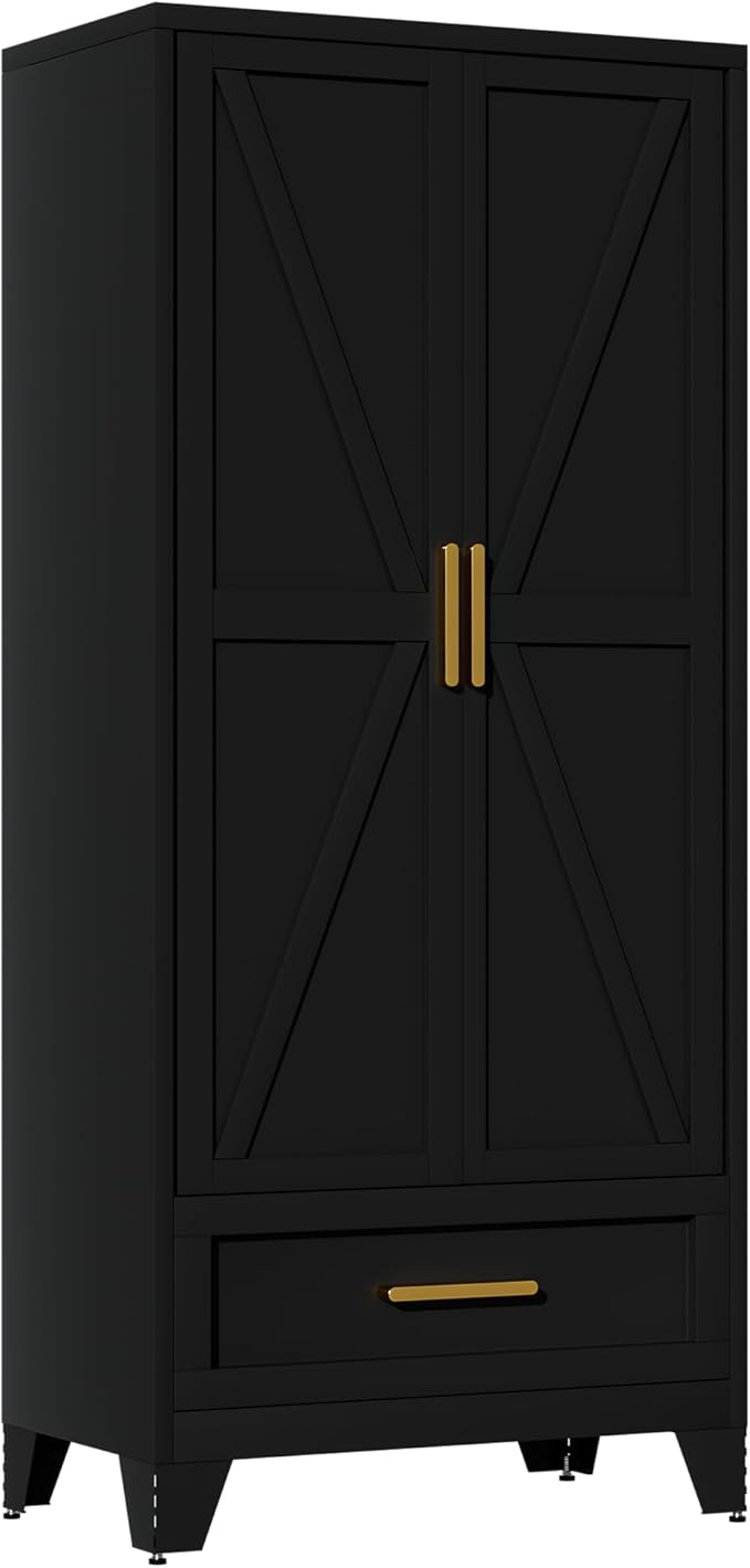 Metal Armoire Wardrobe Closet,71" Tall Black Storage Cabinet with Hanging Rod,2 Drawers & Adjustable Shelves,Heavy-Duty Steel Wardrobe for Bedroom, Garage, and Office