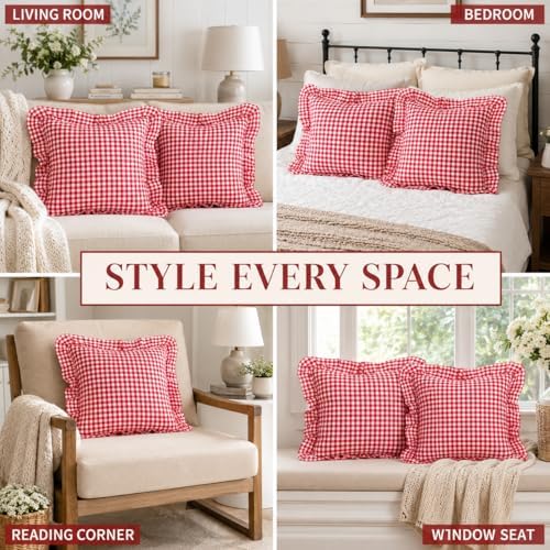 JoraLion Ruffled Throw Pillow Cover 18x18 Gingham Red - Image 3