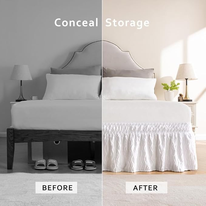 MIYE Wavy Tufted Bed Skirt - Wrap Around Dust Ruffle with Elastic Belts - 18 Inch Drop Easy to Put On - Bedskirt Machine Washable ＆ Wrinkle Resistant(Wavy/White, King/Queen-18 Drop)