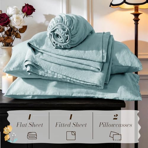 SONORO KATE 100% French Linen Queen Size Sheets Set, Natural Flax Bedding - Image 7
