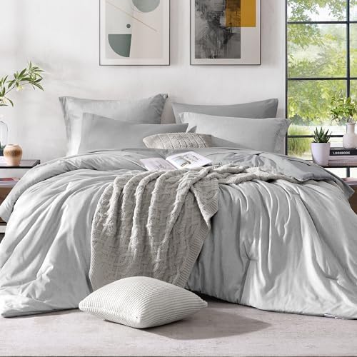 Monbix Queen Comforter Set 7 Pieces Light Grey Cationic Dyeing Bed in a Bag by Monbix