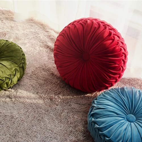 HIG Set of 2 Dusty Blue Velvet Decorative Round Pleated Throw Pillows - Image 5