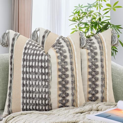 AmHoo Set of 2 Chenille Striped Textured Boho Throw Pillow Covers Aesthetic by AmHootextile