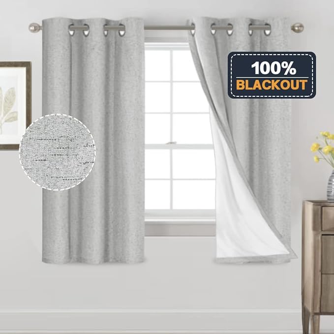 PrinceDeco Linen Texture Curtains Full Blackout Curtains 64 inch Long 2 Panels Set Anti-Rust Grommet Grey Linen Curtains Vertical Drapes Privacy for Bedroom Living Room，42 X 64 Inch, Glacier Grey