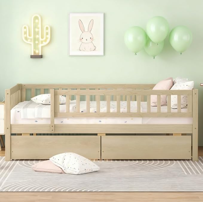 Bellemave Full Size Bed Frames with Rails for Kids, Full daybed Frame with Drawers for Boys/Girls/Adults， Natural