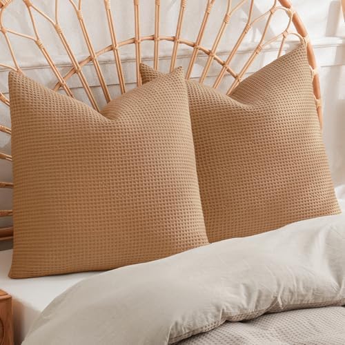 PHF Cotton Waffle Throw Pillow Covers 24" x 24", Standstone, No Insert by PHF