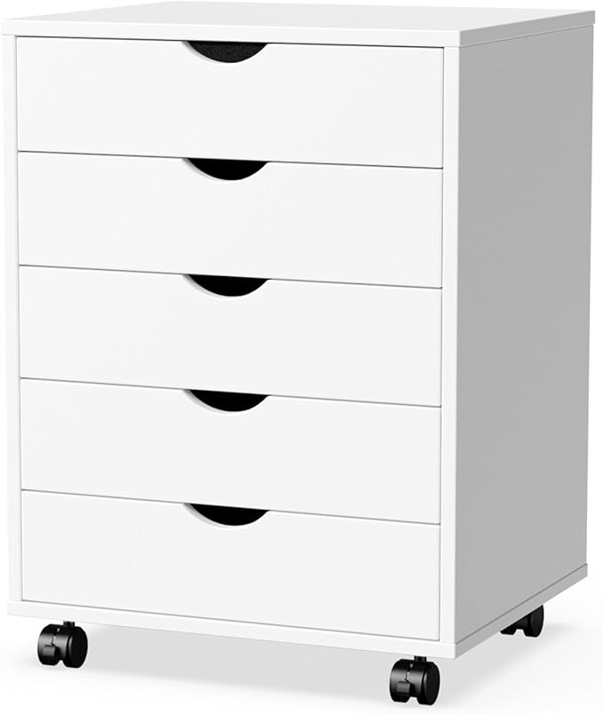 5 Drawer Chest, Storage Cabinet Dressers with Wheels, Dressers Storage Cabinets, Dresser Mobile Cabinet with Wheels, Room Organizer, Drawers Wood Organization Furniture for Office, Home, White