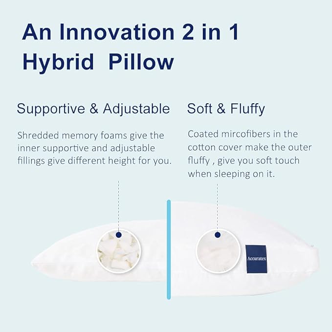 ACCURATEX Pillows Queen Size Set of 2, Hybrid Shredded Memory Foam Pillow[Adjustable Loft], Fluffy Down Alternative Fill Removable Cotton Cover, Firm Supportive Pillow for Side Back Sleepers