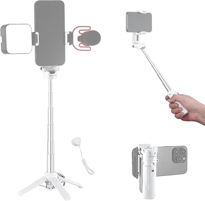 NEEWER Selfie Stick with Detachable Bluetooth Remote Shutter, Lightweight Foldable Travel Tripod for iPhone for YouTube/TikTok Vlogs Live Streaming Photography, White, P15