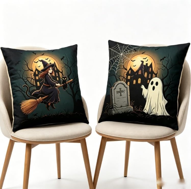 Halloween Throw Pillow Covers, 18x18 Inch, Ghost Pumpkin Haunted House Design - Image 3