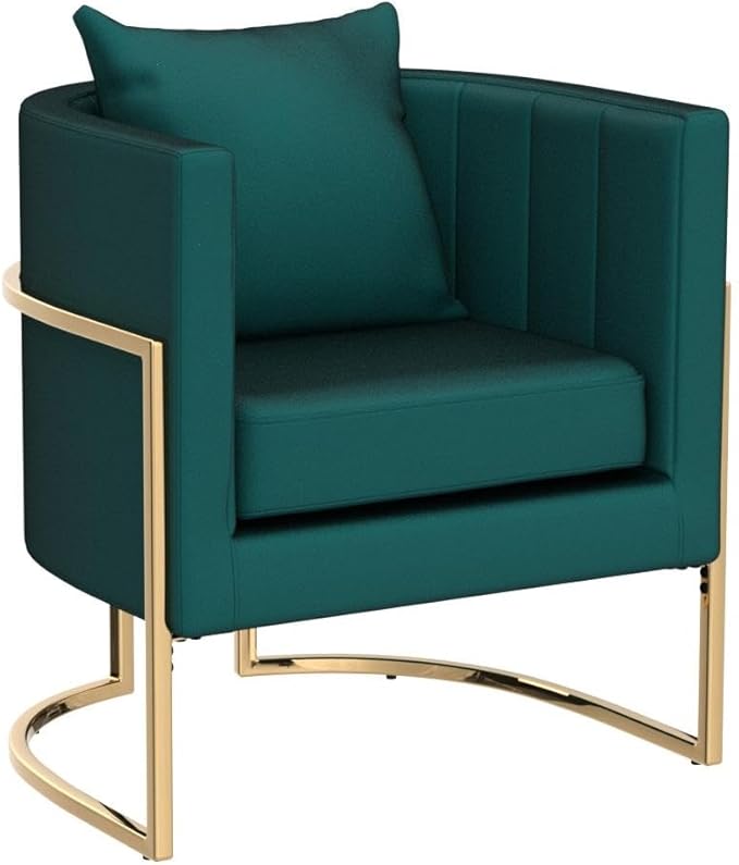 Velvet Modern Accent Chairs Set of 2, Upholstered Barrel Armchair Mid Century with Pillow for Living Room, Comfy Single Vanity Chair with Metal Gold Legs for Bedroom, Green