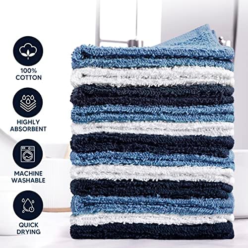 Towel and Linen Mart 100% Cotton - Wash Cloth Set - Flannel Face Cloths, Highly Absorbent and Soft Feel Fingertip Towels (Navy, White & Sky Blue, Pack of 12) - Image 3