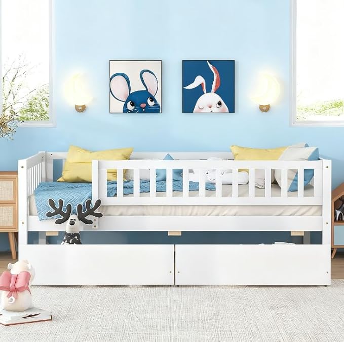 Bellemave Twin Bed Frames with Rails for Kids, Twin daybed Frame with Drawers for Boys/Girls/Adults，White