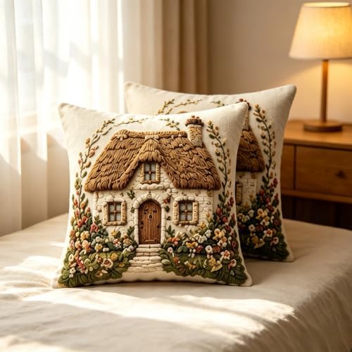 2D Flat Thatched Roof Cottage Linen Throw Pillow Covers 18x18 Set of 2 - Image 3