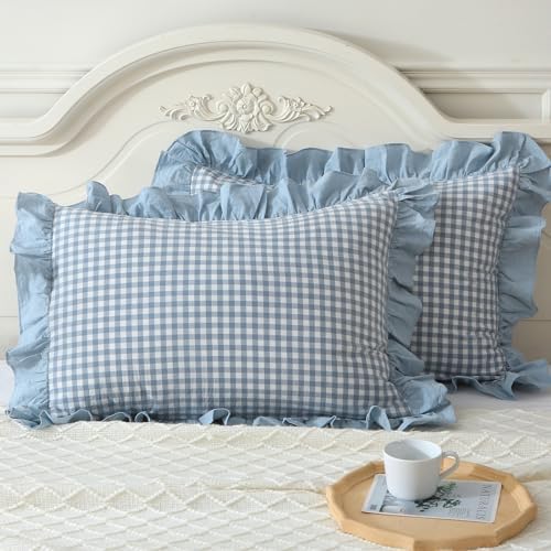 Mywinlle Blue Plaid Ruffle Pillow Shams Standard Size Set of 2, Shabby - Image 2