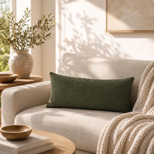 JoraLion 12x24 inch Boucle Lumbar Pillow Cover, Army Green Woven Texture - Image 7