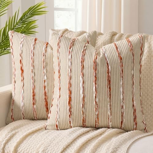 ANRODUO Boho Decorative Throw Pillow Covers Rust Stripe 20x20 Inch Set of 2 by ANRODUO