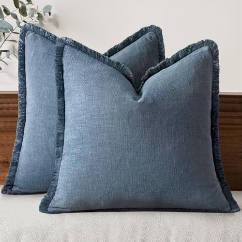MIULEE Boho Linen Fringe Decorative Throw Pillow Covers Blue Ashes 20x20 by MIULEE