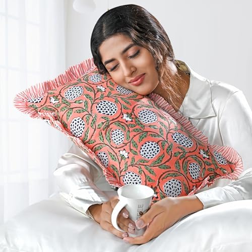 Ridhi Block Print Dark Salmon Pink Ruffle Lumbar Pillow Shams by Ridhi