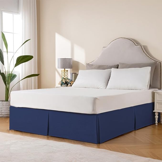 MIYE Pleated Waffle Weave Bed Skirt, Tailored Dust Ruffle 14 Inch Drop Easy Fit, Machine Washable (Navy Blue, King - 14" Drop)