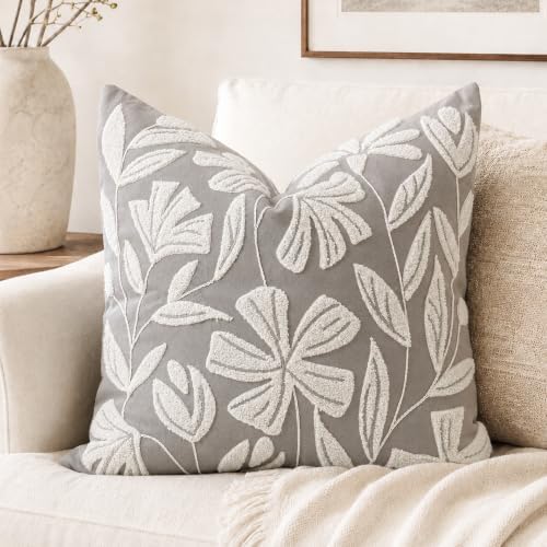 BlissBlush Throw Pillow Cover 20x20 Inch, Light Gray Floral Tufted Velvet by BlissBlush