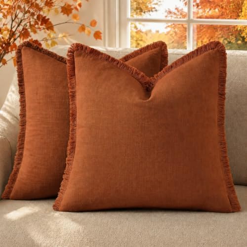 decorUhome Linen Fringe Light Rust Throw Pillow Covers 20x20 Set of 2 by decorUhome