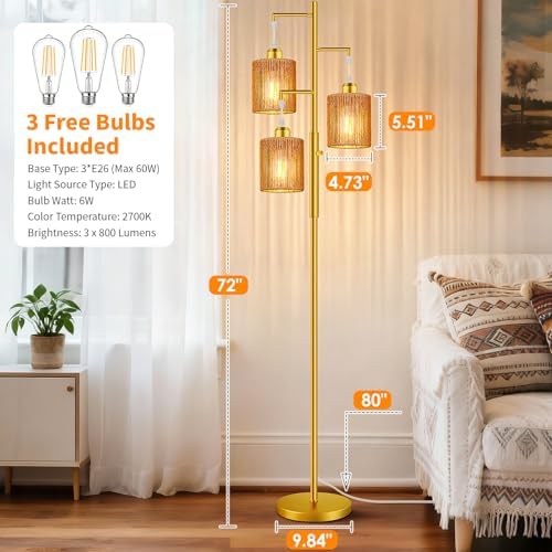 Hotsonic 72" Boho Rattan Tree Floor Lamp, Tall Dimmable Industrial Standing Lamp, Corner Decor Accent Lighting for Living Room, Bedroom, Dining Room, Nursery, Cafe (3 x 800LM Bulbs Included) - Gold - Image 6