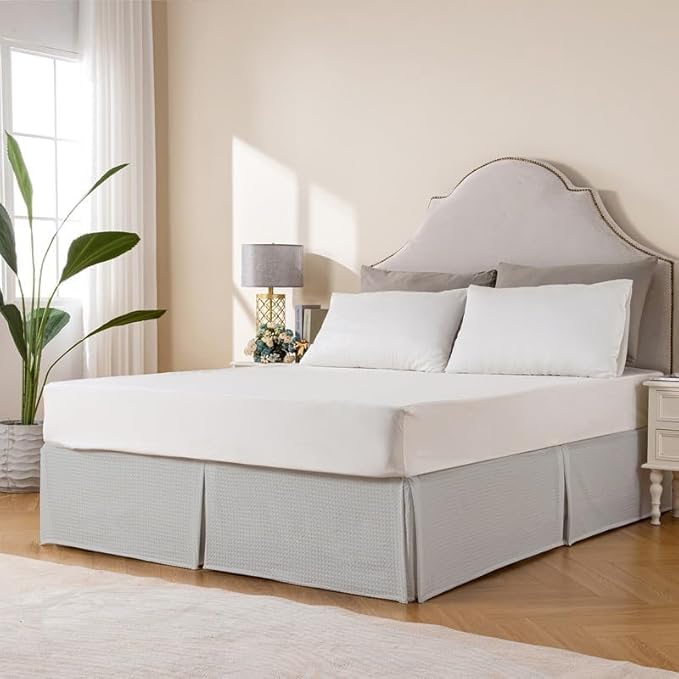 MIYE Pleated Waffle Weave Bed Skirt, Tailored Dust Ruffle 14 Inch Drop Easy Fit, Machine Washable (Light Grey, Twin - 14" Drop)