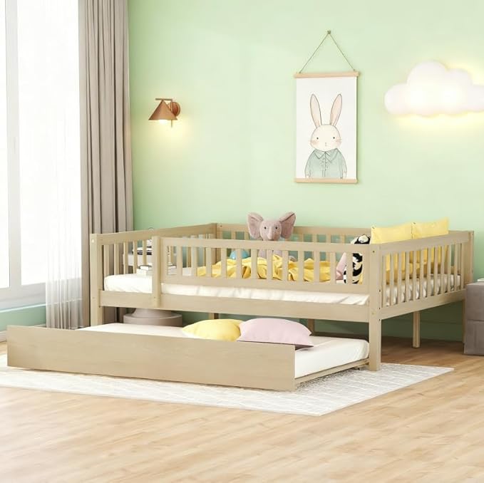 Bellemave Full Size Bed Frames with Rails for Kids, Full daybed Frame with Trundle for Boys/Girls/Adults， Natural