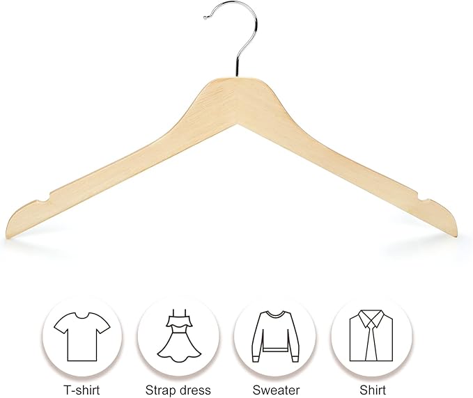 TOPIA HANGER Wooden Hangers 30 Pack, 0.28-inch Slim & Durable Clothes Hangers Space Saving, Natural Wood Hanger with 360°Swivel Hook and Smooth Notches for Coat,Shirts, Camisoles-CT31N