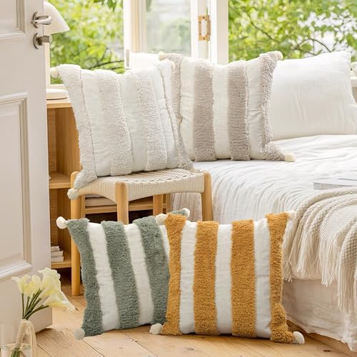 Boho Throw Pillow Covers 18x18 Tufted Home Decor Natural Beige - Image 3