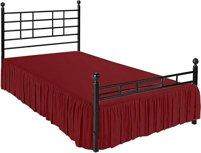Burgundy Solid Ruffled Bed Skirt Queen-XL-8" Inch Drop Split Corner, Microfiber Bedskirt with Platform Three Sided Coverage
