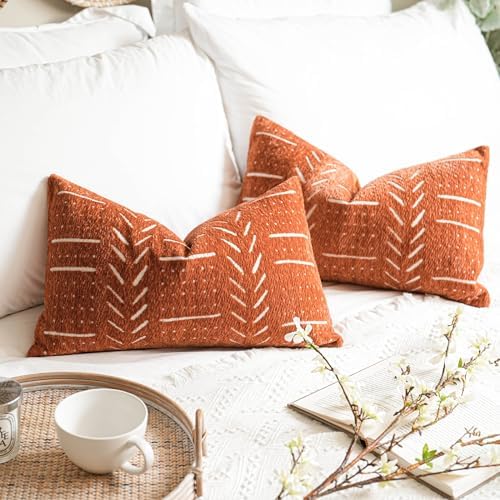 BlissBlush Decorative Lumbar Throw Pillow Covers 12X20 Set of 2, Brick Red Rust by BlissBlush