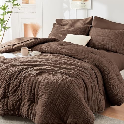 HYMOKEGE Dark Brown Twin Comforter Set Seersucker 5 Pieces, All Season Luxury by HYMOKEGE