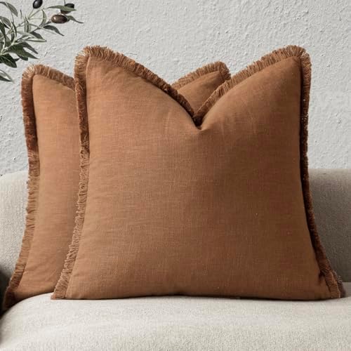 Foindtower Decorative Linen Fringe Throw Pillow Covers 24×24 Orange Brown by Foindtower