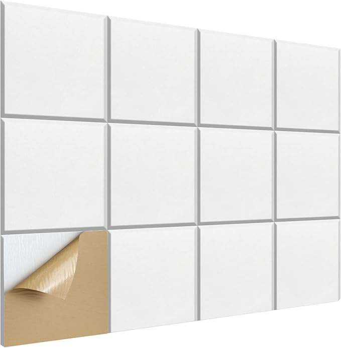 12 Pieces Square Sound Absorbing Panels Self-Adhesive, 12" X 12" X 0.4"High Density Acoustic Panel, Stylish Acoustical Wall Padding Used in Home & Offices(White)