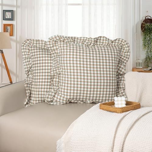 JoraLion Ruffled Throw Pillow Cover 20x20 Gingham Green by JoraLion