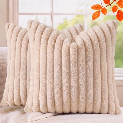 Set of 2 Decorative Throw Pillow Covers 18x18, Faux Fur Apricot by MEGAYESHome