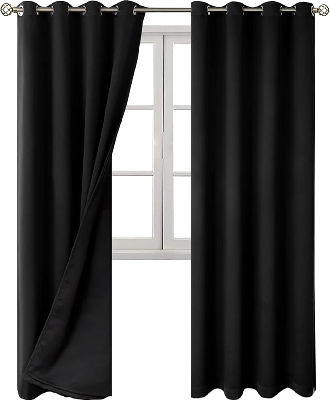 BGment Thermal Insulated 100% Blackout Curtains for Bedroom with Black Liner, Double Layer Full Room Darkening Noise Reducing Grommet Curtain (52 x 84 Inch, Black, 2 Panels)