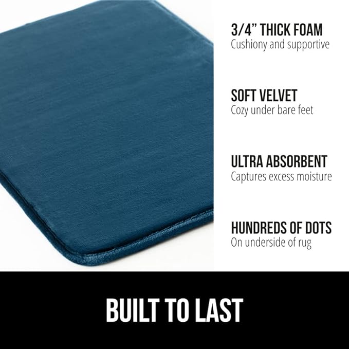 GORILLA GRIP Memory Foam Bath Mat, Soft Absorbent Velvet Bathroom Mats, Durable Dots on Underside, Machine Washable Bathmat, Carpet Rug Room Decor for Shower Tub Floor RV, 24x17 Rugs, Blue