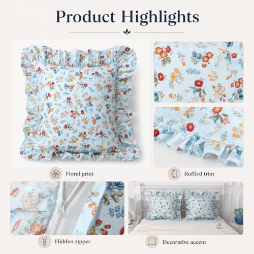 Mywinlle Farmhouse Blue Floral Ruffle Throw Pillow Covers Set of 2, 100% Cotton - Image 6