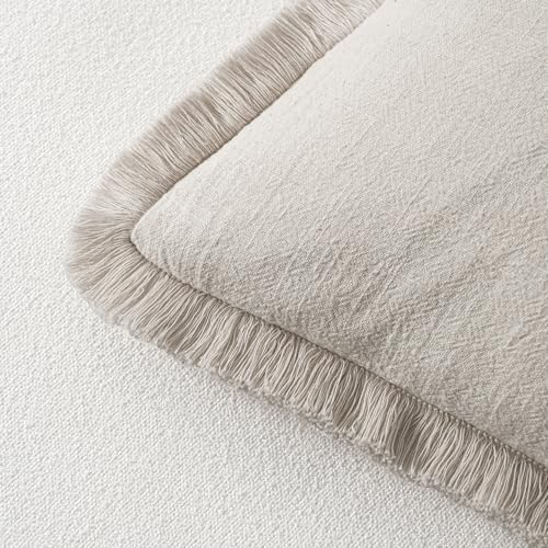 MIULEE Linen Fringe Decorative Euro Pillow Covers Natural Beige 24x24 - Image 3