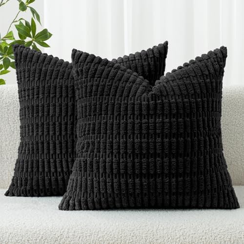 MIULEE Corduroy Decorative Throw Pillow Covers 20x20 Black Pack of 2 by MIULEE