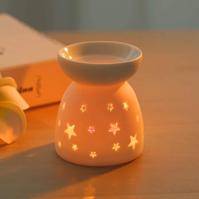 HwaGui Ceramic Tea Light Holder,Aromatherapy Oil Burner Candle Warmers Home Decoration Romantic White Star Pattern, 2PCS