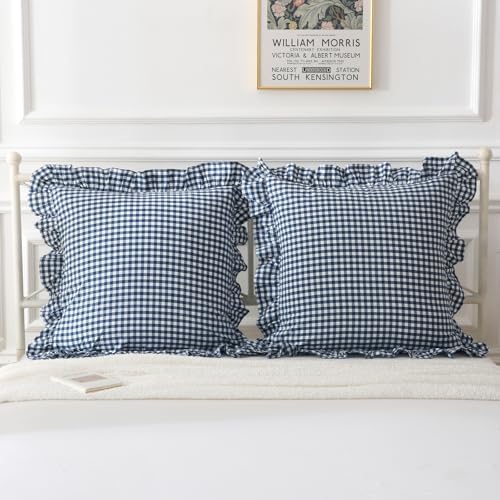 Mywinlle Navy Blue/White Gingham Plaid Euro Pillow Shams Set of 2 - Image 2