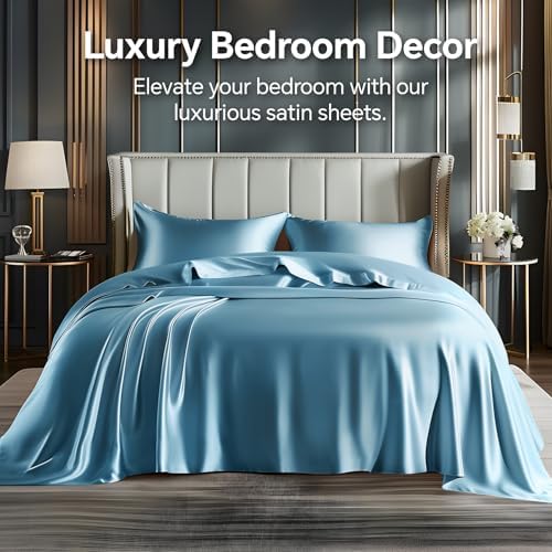 BEDELITE Satin Sheets Twin XL Size Bed Set, Airy Blue, 3 Pieces - Image 2