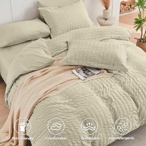HYMOKEGE Light Linen California King Comforter Set Seersucker 7 Pieces - Image 4