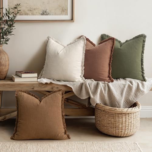 MIULEE Fall Linen Fringe Pillow Covers Set of 4 20x20 Beige/Brown/Green - Image 2